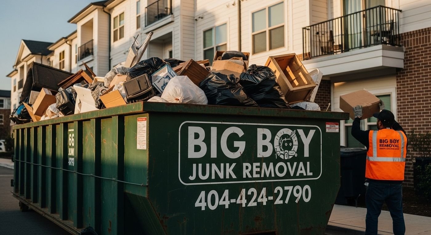 Apartment cleanout crew loading unwanted items outside a building