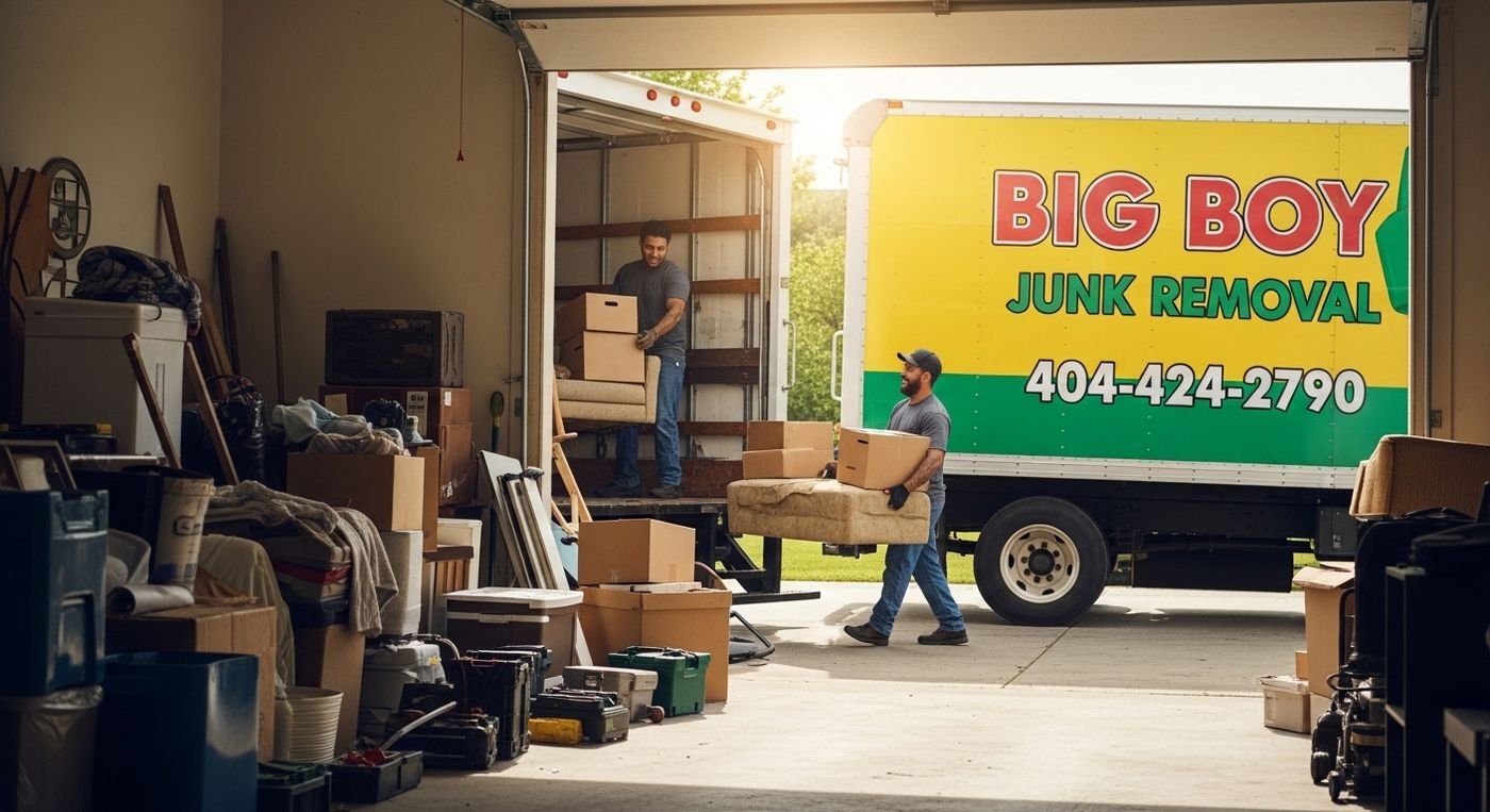 Garage cleanout service with Big Boy Junk Removal truck on site