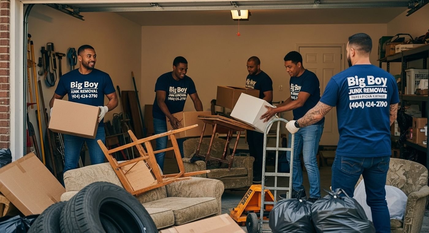 Garage cleanout crew loading unwanted items into a junk removal truck
