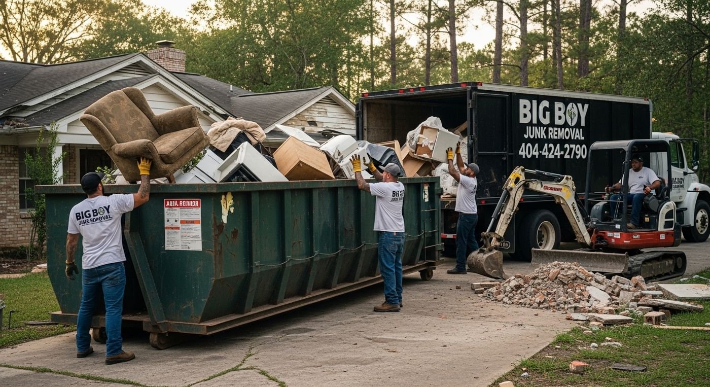 Crew handling heavy cleanup debris during a property cleanup
